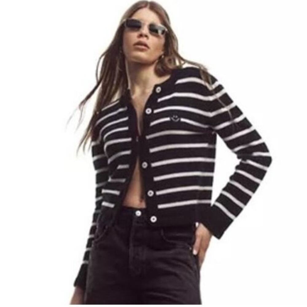 Joshua Sanders Women's Striped Knit Cardigan Sweater Blue/White Size Large NWT